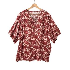 LC Lauren Conrad Womens Daisy Floral Tie V Neck Top Size 3X Red Boho Cottagecore